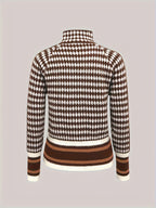 Houndstooth Zip-Front Cardigan Women's Long Sleeve Knit Jacket Brown White – Casual, Office