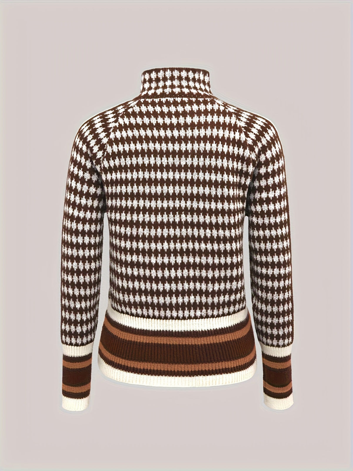 Houndstooth Zip-Front Cardigan Women's Long Sleeve Knit Jacket Brown White – Casual, Office