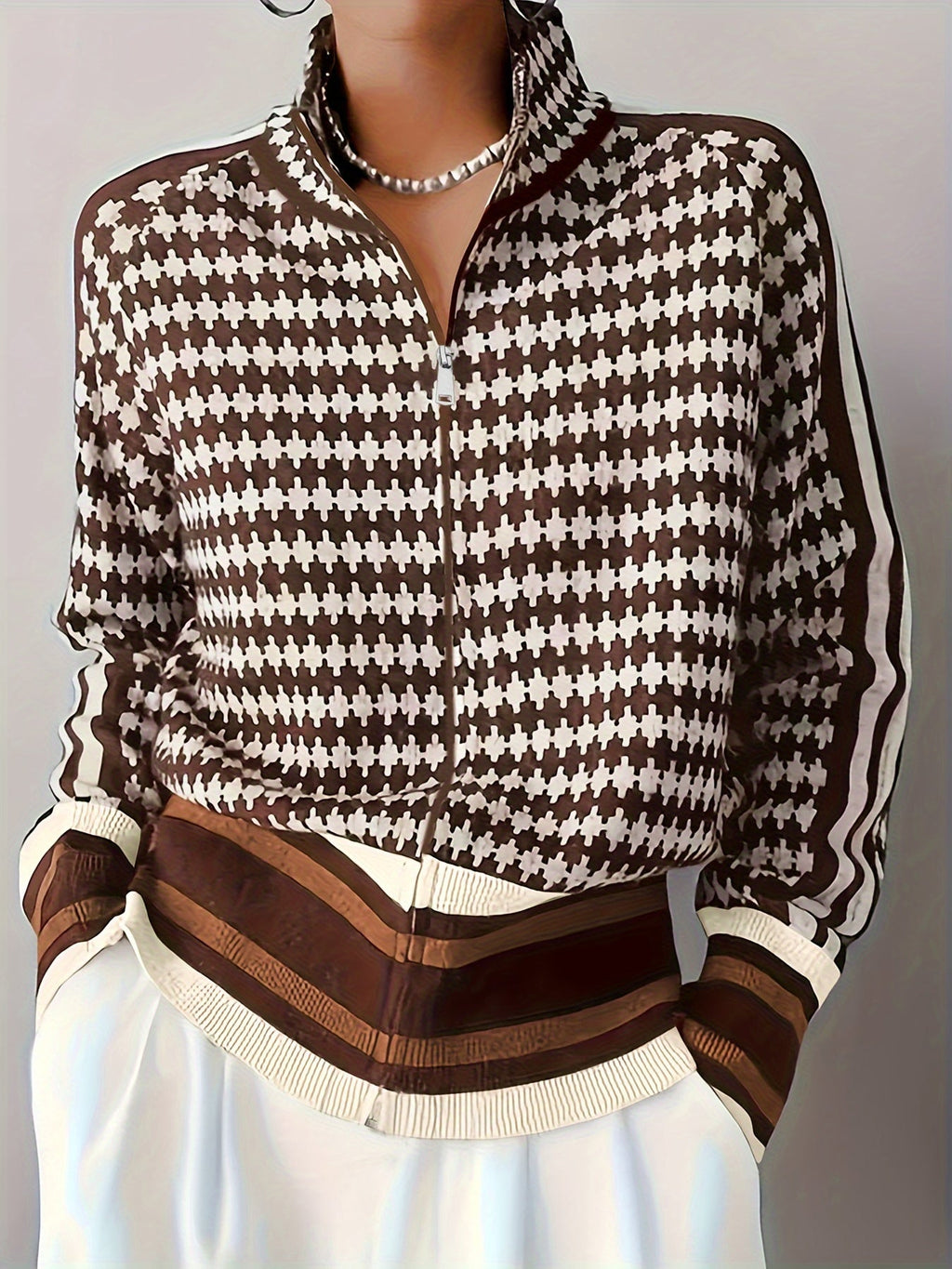 Houndstooth Zip-Front Cardigan Women's Long Sleeve Knit Jacket Brown White – Casual, Office