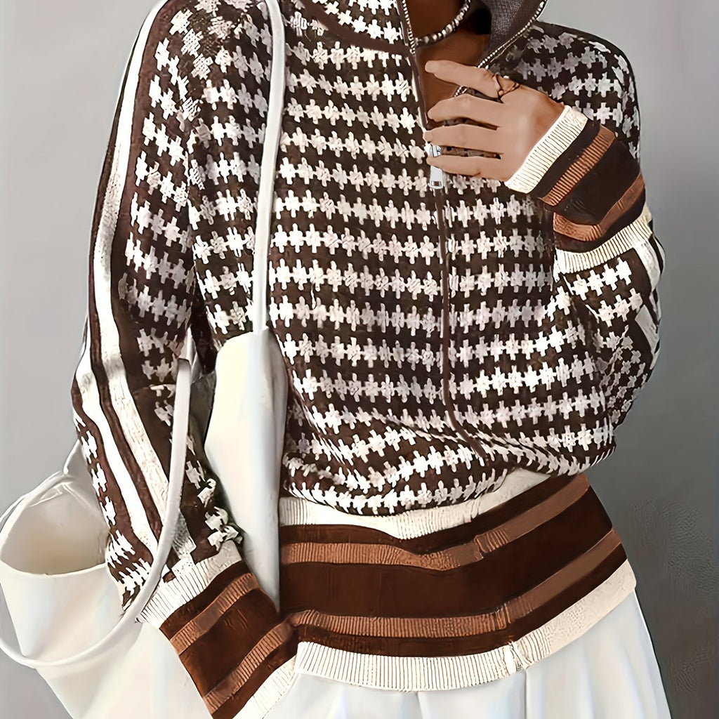 Houndstooth Zip-Front Cardigan Women's Long Sleeve Knit Jacket Brown White – Casual, Office