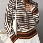Houndstooth Zip-Front Cardigan Women's Long Sleeve Knit Jacket Brown White – Casual, Office