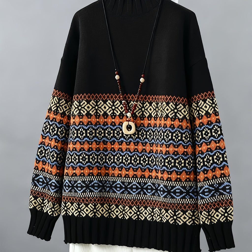 Jacquard Knit Sweater Women's Loose-Fit Long Sleeve Vintage Pullover – Casual, Everyday