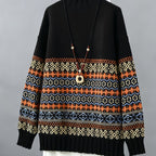 Jacquard Knit Sweater Women's Loose-Fit Long Sleeve Vintage Pullover – Casual, Everyday