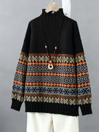 Jacquard Knit Sweater Women's Loose-Fit Long Sleeve Vintage Pullover – Casual, Everyday