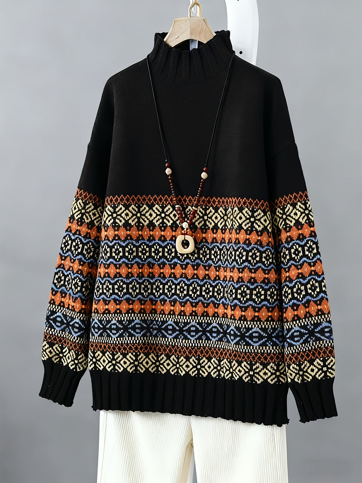 Jacquard Knit Sweater Women's Loose-Fit Long Sleeve Vintage Pullover – Casual, Everyday