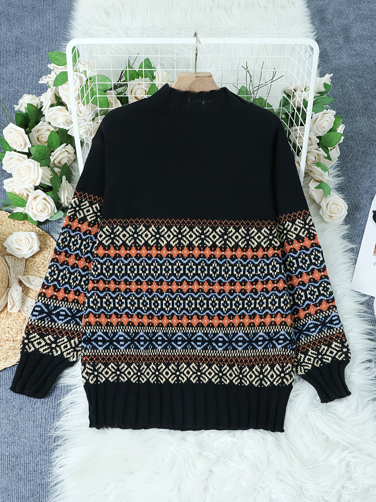 Jacquard Knit Sweater Women's Loose-Fit Long Sleeve Vintage Pullover – Casual, Everyday