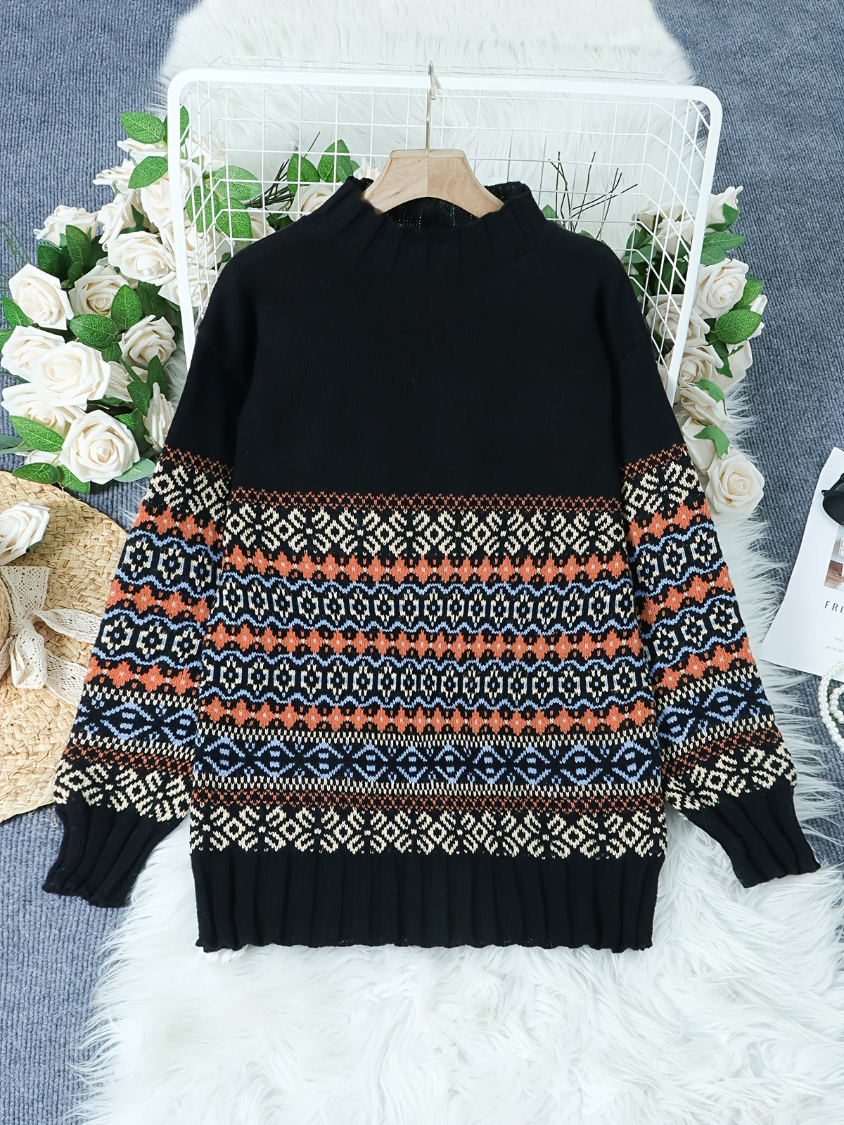 Jacquard Knit Sweater Women's Loose-Fit Long Sleeve Vintage Pullover – Casual, Everyday
