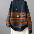 Jacquard Knit Sweater Women's Loose-Fit Long Sleeve Vintage Pullover – Casual, Everyday