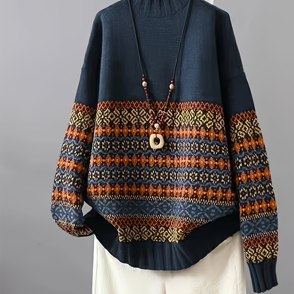 Jacquard Knit Sweater Women's Loose-Fit Long Sleeve Vintage Pullover – Casual, Everyday