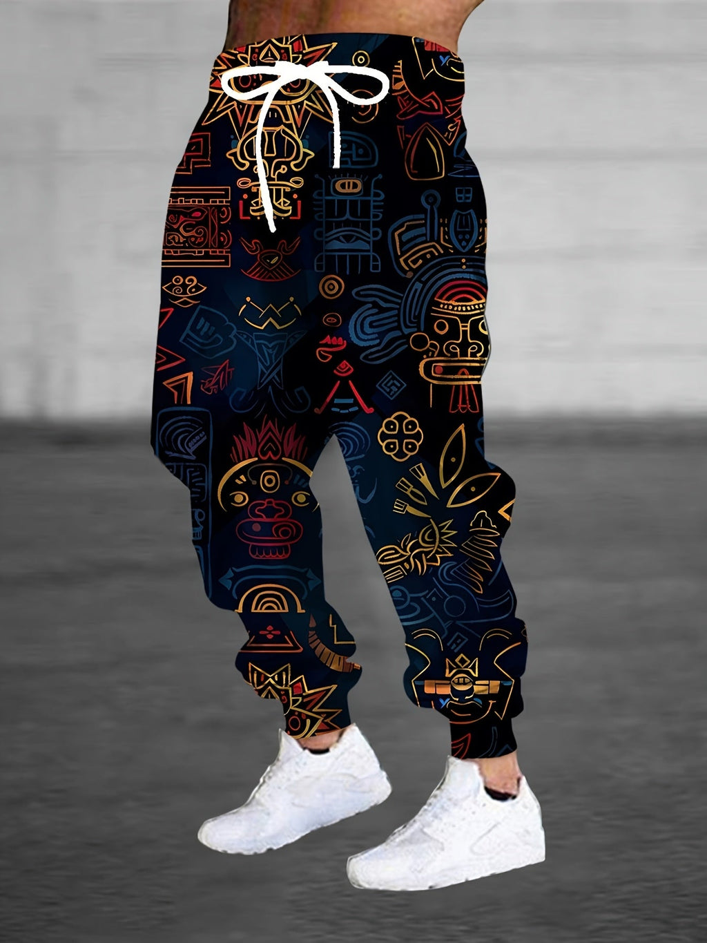 Joggers Men's Aztec Tribal Print Drawstring Sweatpants Blue Gold – Casual, Streetwear