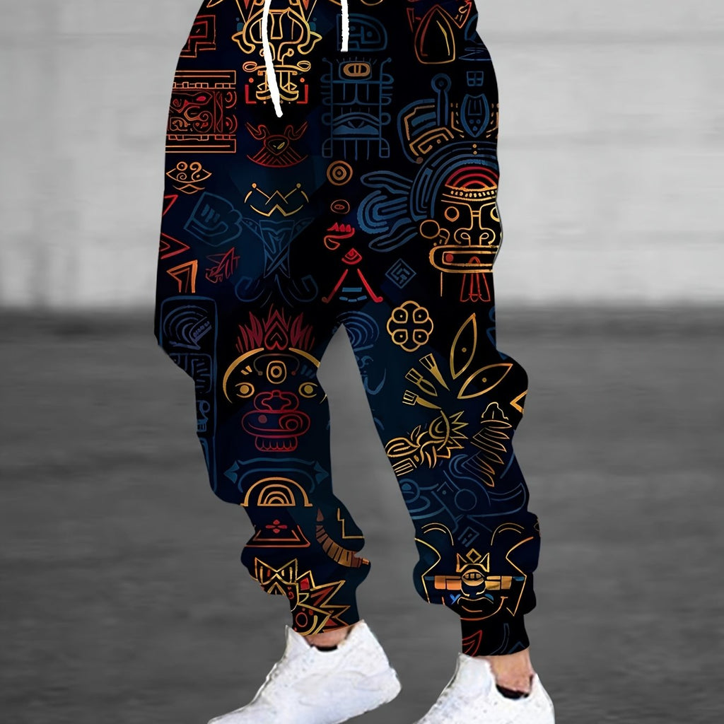 Joggers Men's Aztec Tribal Print Drawstring Sweatpants Blue Gold – Casual, Streetwear