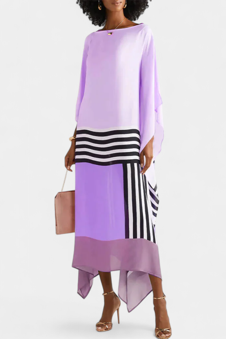 Kaftan Maxi Dress Pink Geometric Print Women's Chiffon Draped Sleeve – Beach, Holiday