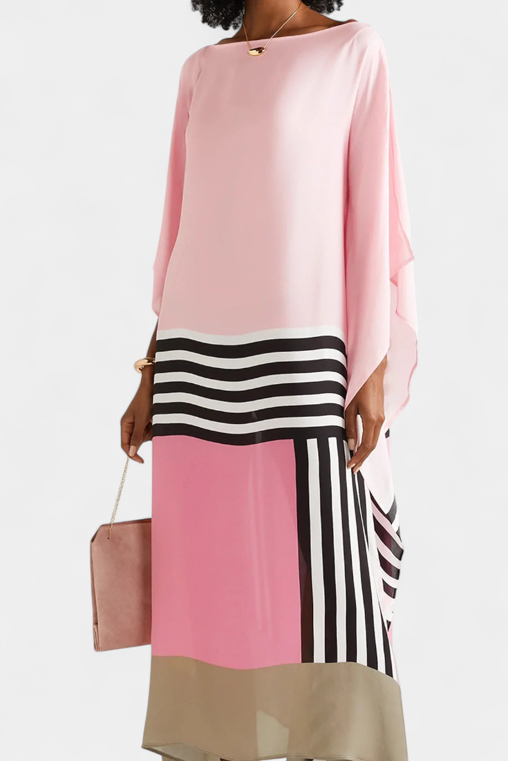 Kaftan Maxi Dress Pink Geometric Print Women's Chiffon Draped Sleeve – Beach, Holiday