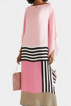 Kaftan Maxi Dress Pink Geometric Print Women's Chiffon Draped Sleeve – Beach, Holiday