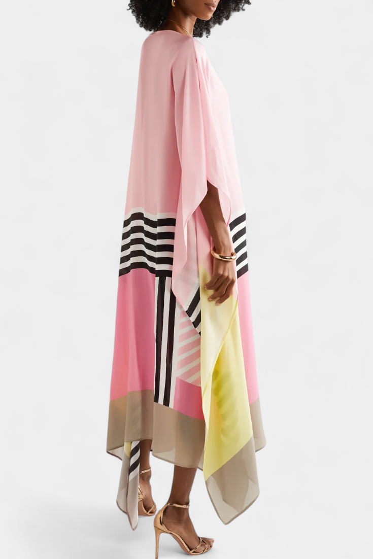 Kaftan Maxi Dress Pink Geometric Print Women's Chiffon Draped Sleeve – Beach, Holiday