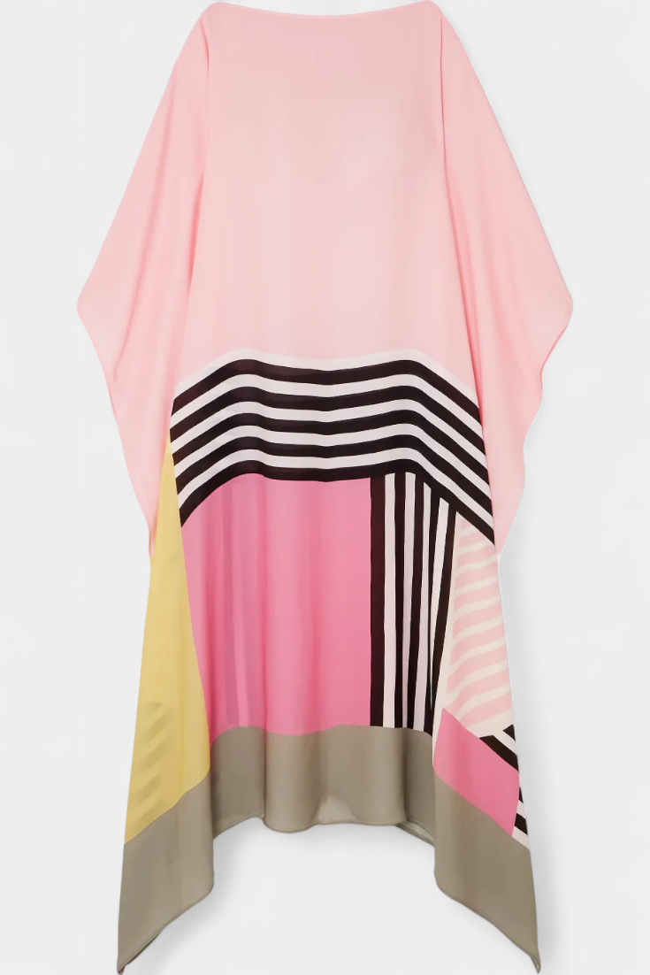 Kaftan Maxi Dress Pink Geometric Print Women's Chiffon Draped Sleeve – Beach, Holiday
