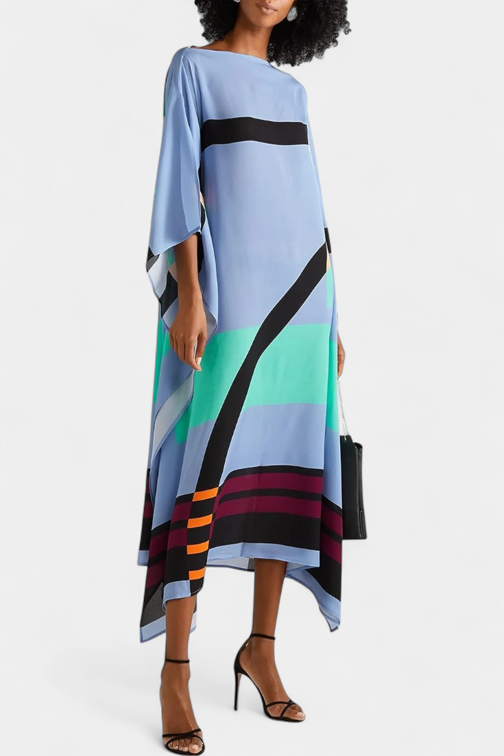 Kaftan Maxi Dress Pink Geometric Print Women's Chiffon Draped Sleeve – Beach, Holiday