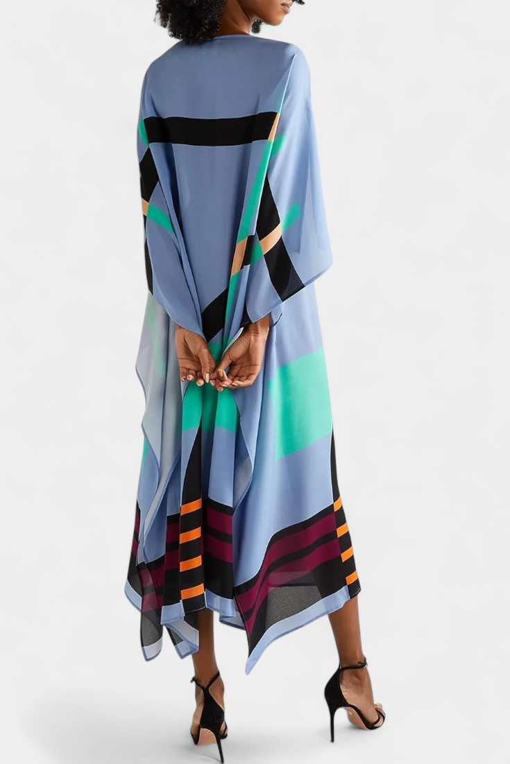Kaftan Maxi Dress Pink Geometric Print Women's Chiffon Draped Sleeve – Beach, Holiday