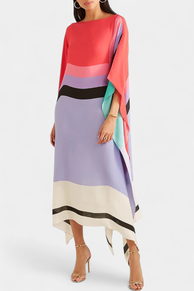 Kaftan Maxi Dress Pink Geometric Print Women's Chiffon Draped Sleeve – Beach, Holiday
