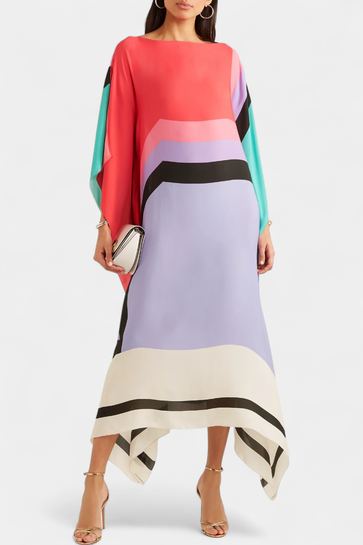Kaftan Maxi Dress Pink Geometric Print Women's Chiffon Draped Sleeve – Beach, Holiday