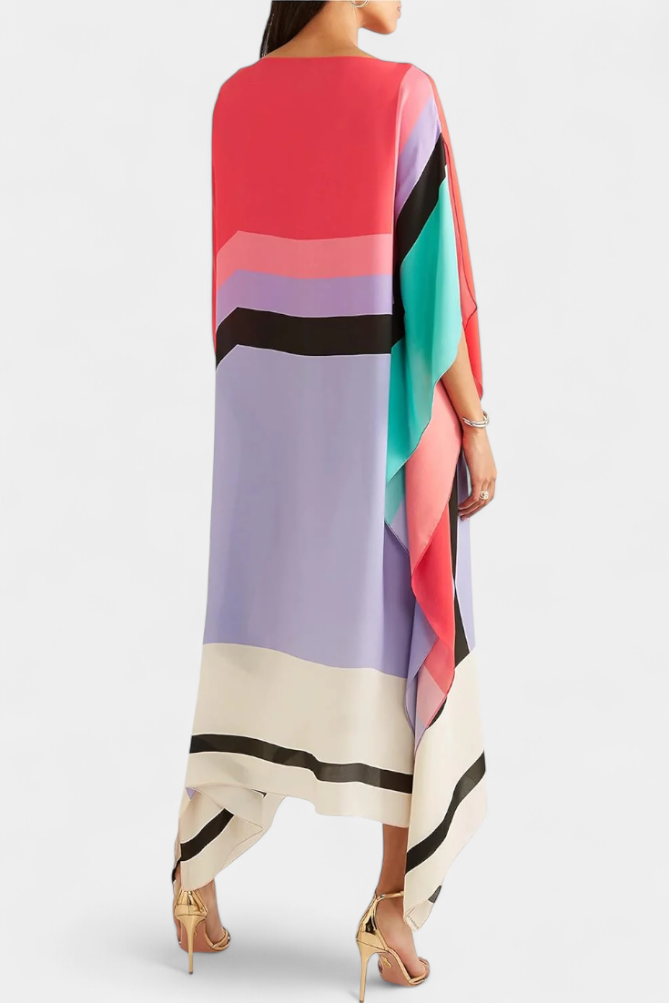 Kaftan Maxi Dress Pink Geometric Print Women's Chiffon Draped Sleeve – Beach, Holiday