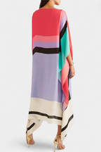 Kaftan Maxi Dress Pink Geometric Print Women's Chiffon Draped Sleeve – Beach, Holiday