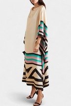 Kaftan Maxi Dress Pink Geometric Print Women's Chiffon Draped Sleeve – Beach, Holiday