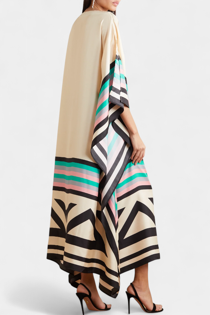 Kaftan Maxi Dress Pink Geometric Print Women's Chiffon Draped Sleeve – Beach, Holiday