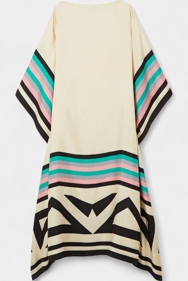 Kaftan Maxi Dress Pink Geometric Print Women's Chiffon Draped Sleeve – Beach, Holiday