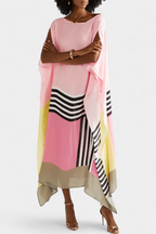 Kaftan Maxi Dress Pink Geometric Print Women's Chiffon Draped Sleeve – Beach, Holiday