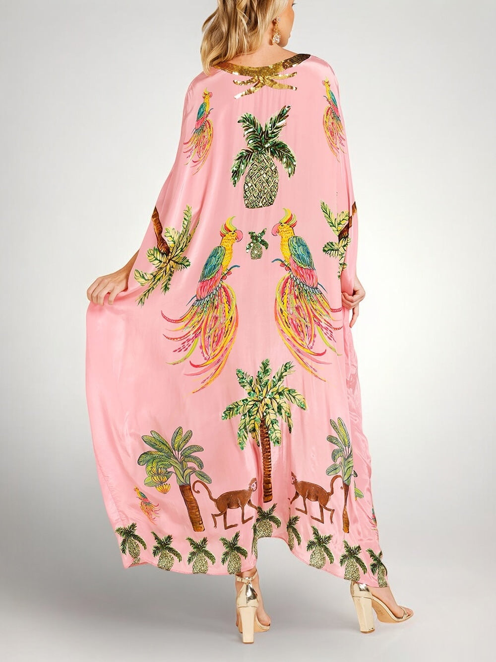Kaftan Maxi Dress Pink Tropical Print Women's Drop Shoulder Sleeve – Beach, Holiday