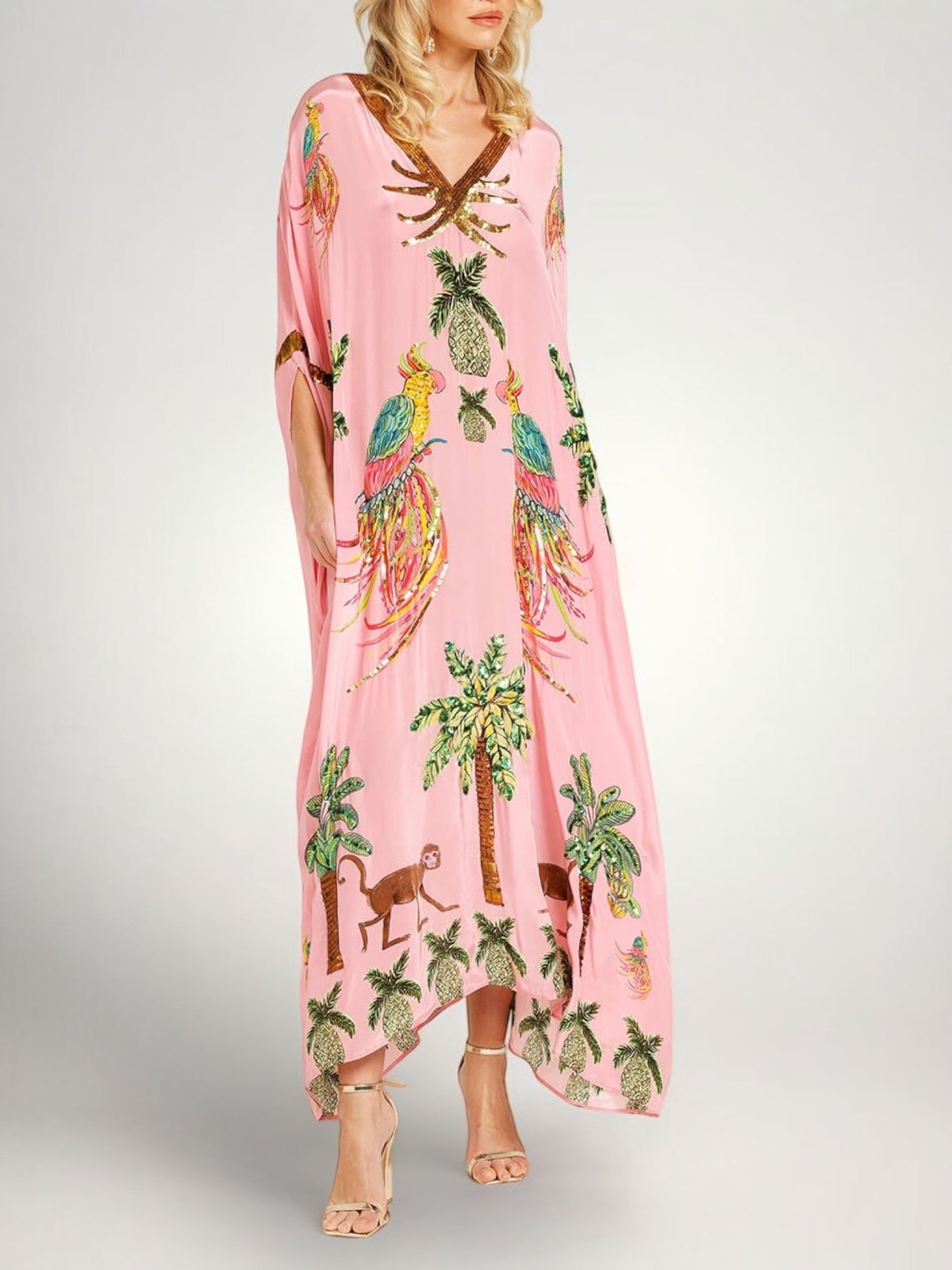 Kaftan Maxi Dress Pink Tropical Print Women's Drop Shoulder Sleeve – Beach, Holiday