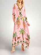 Kaftan Maxi Dress Pink Tropical Print Women's Drop Shoulder Sleeve – Beach, Holiday