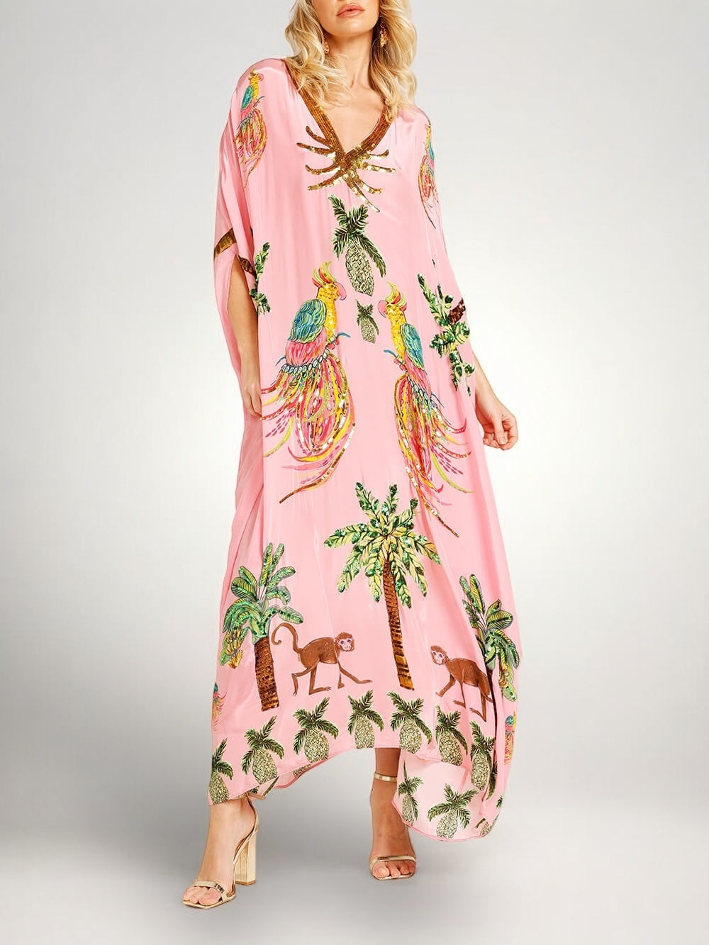 Kaftan Maxi Dress Pink Tropical Print Women's Drop Shoulder Sleeve – Beach, Holiday