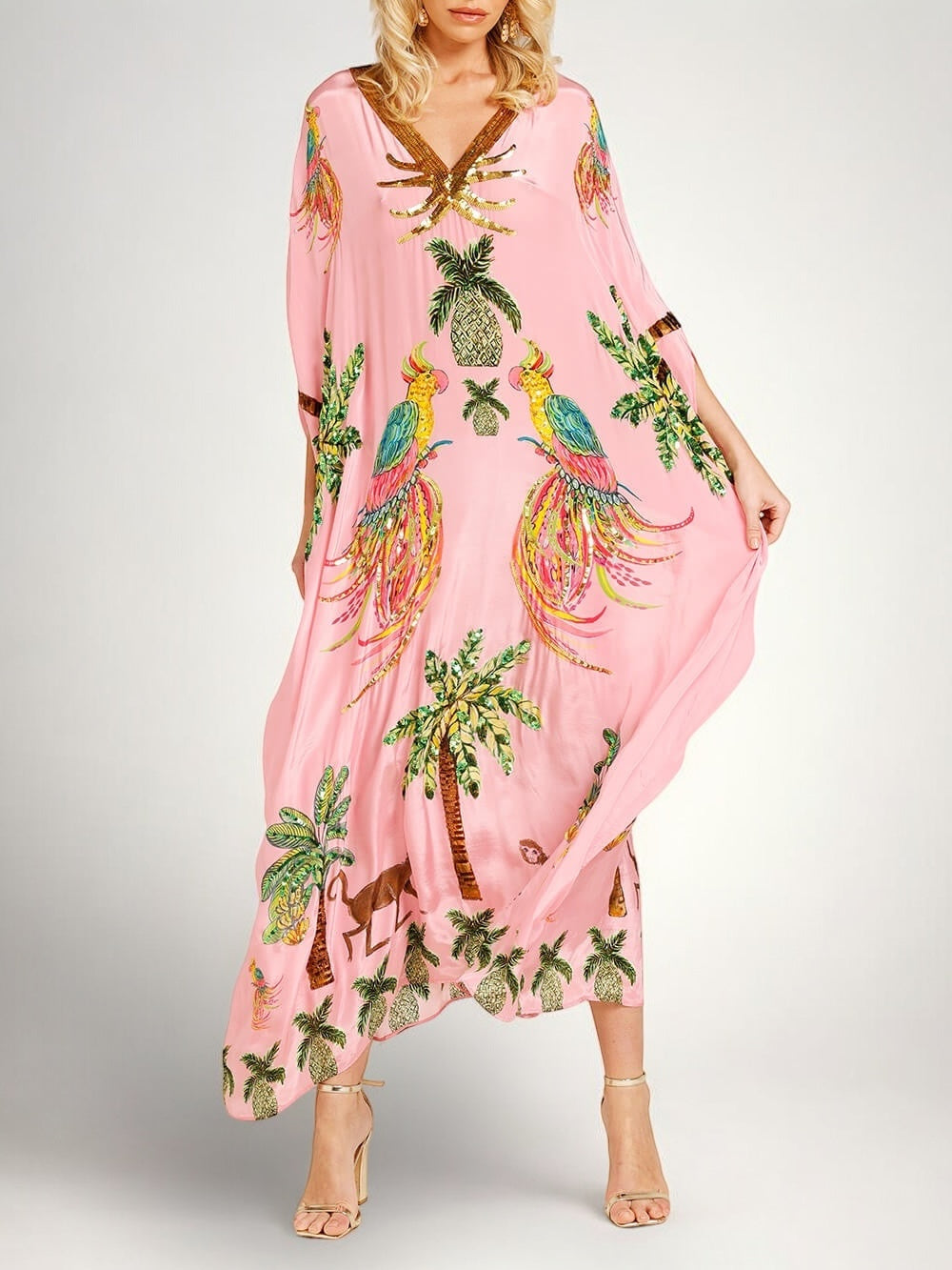 Kaftan Maxi Dress Pink Tropical Print Women's Drop Shoulder Sleeve – Beach, Holiday