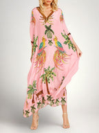Kaftan Maxi Dress Pink Tropical Print Women's Drop Shoulder Sleeve – Beach, Holiday