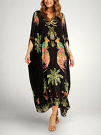 Kaftan Maxi Dress Pink Tropical Print Women's Drop Shoulder Sleeve – Beach, Holiday