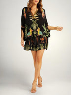 Kaftan Maxi Dress Pink Tropical Print Women's Drop Shoulder Sleeve – Beach, Holiday