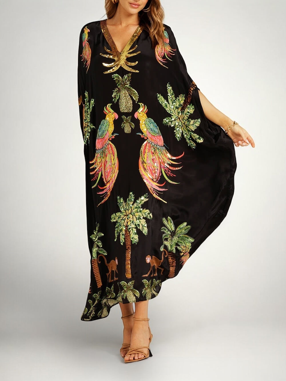 Kaftan Maxi Dress Pink Tropical Print Women's Drop Shoulder Sleeve – Beach, Holiday
