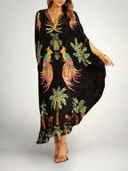 Kaftan Maxi Dress Pink Tropical Print Women's Drop Shoulder Sleeve – Beach, Holiday