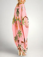 Kaftan Maxi Dress Pink Tropical Print Women's Drop Shoulder Sleeve – Beach, Holiday