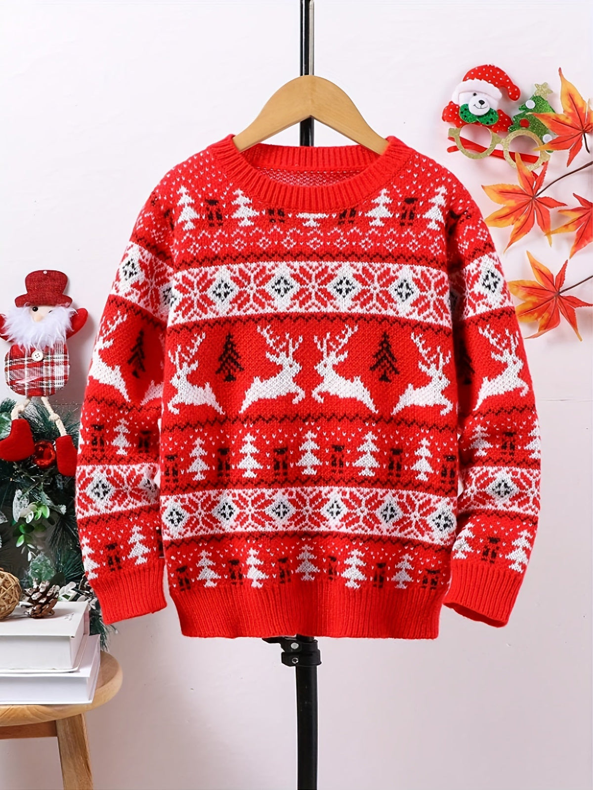 Kids Christmas Sweater Red Knitted Reindeer Fair Isle Pullover – Holiday, Gift · Faylori