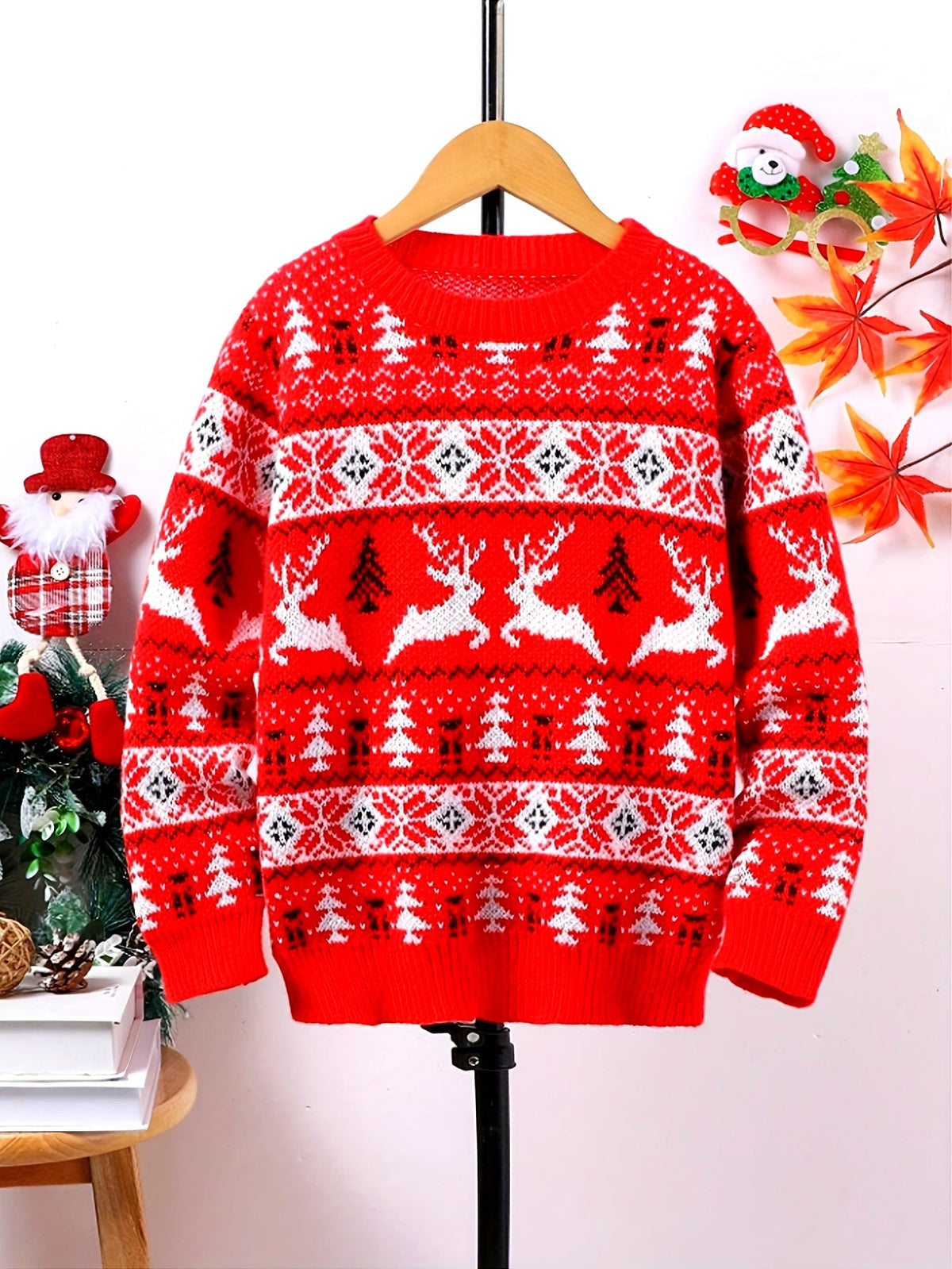 Kids Christmas Sweater Red Knitted Reindeer Fair Isle Pullover – Holiday, Gift · Faylori