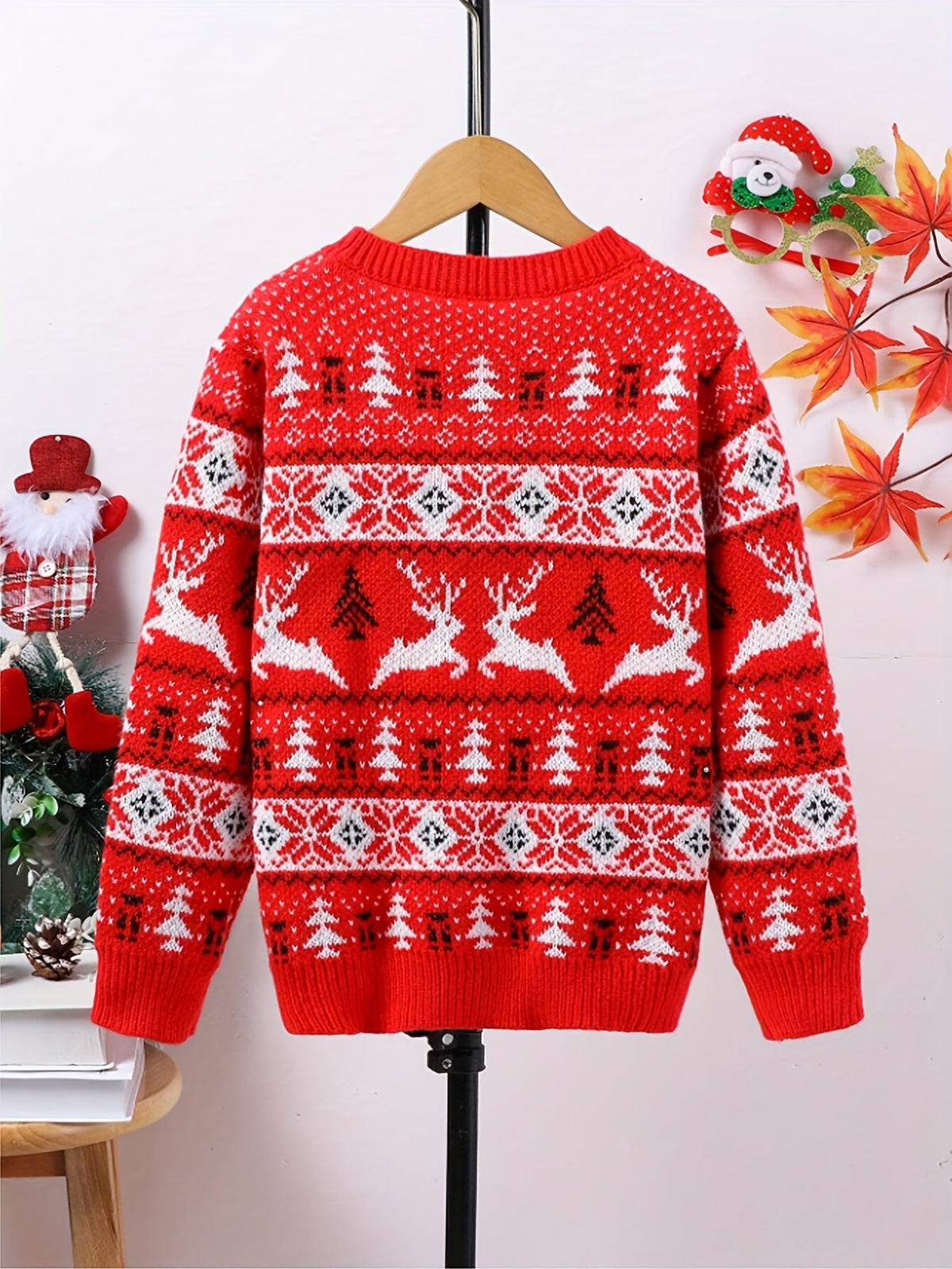 Kids Christmas Sweater Red Knitted Reindeer Fair Isle Pullover – Holiday, Gift · Faylori