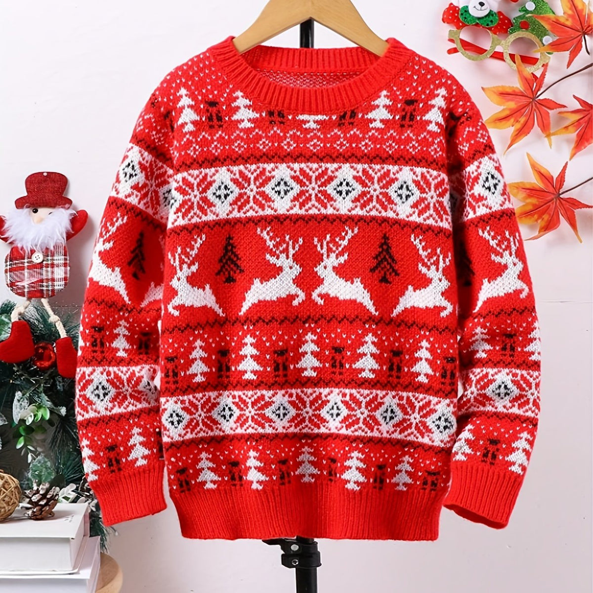 Kids Christmas Sweater Red Knitted Reindeer Fair Isle Pullover – Holiday, Gift · Faylori