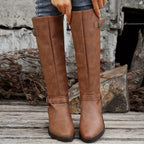 Knee-High Riding Boots Women's Black Faux Leather Buckle Side Zip – Casual, Office, Gift