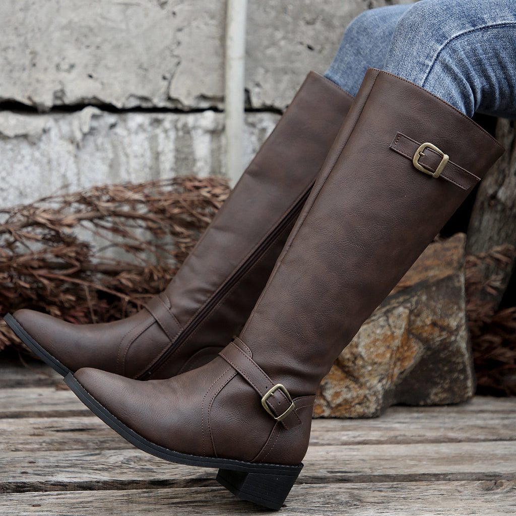 Knee-High Riding Boots Women's Black Faux Leather Buckle Side Zip – Casual, Office, Gift