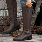 Knee-High Riding Boots Women's Black Faux Leather Buckle Side Zip – Casual, Office, Gift