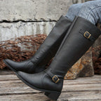 Knee-High Riding Boots Women's Black Faux Leather Buckle Side Zip – Casual, Office, Gift