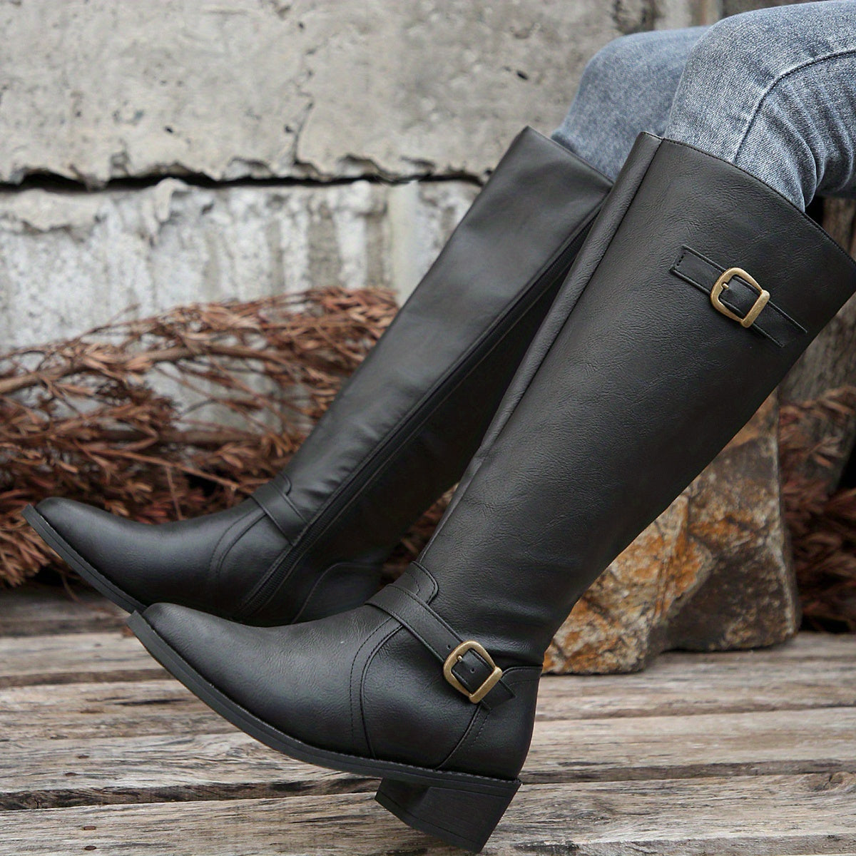 Knee-High Riding Boots Women's Black Faux Leather Buckle Side Zip – Casual, Office, Gift